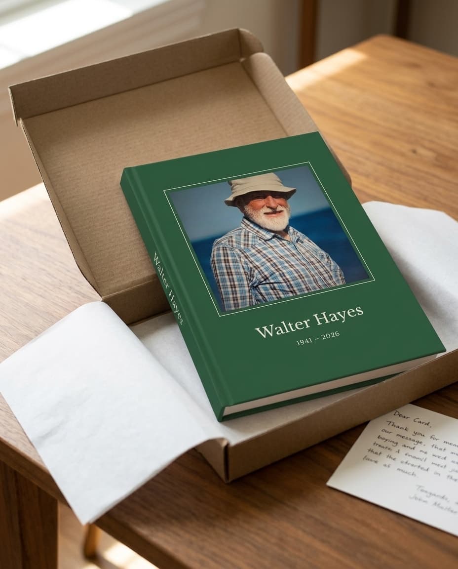 The book in a kraft box with tissue paper folded back, a hand-written card beside it