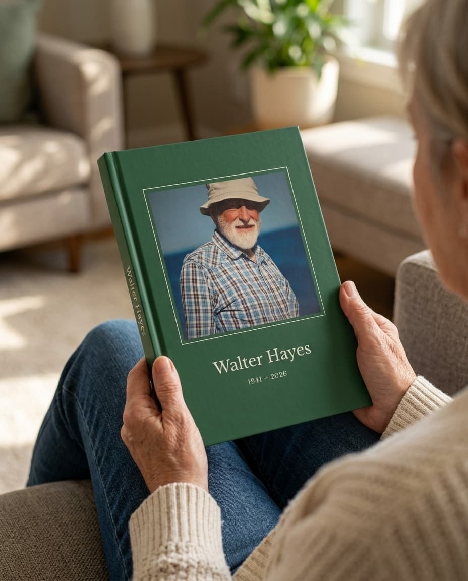 A woman holds the closed hardcover in both hands over her lap; the forest cover with a framed photo of Walter Hayes faces the camera