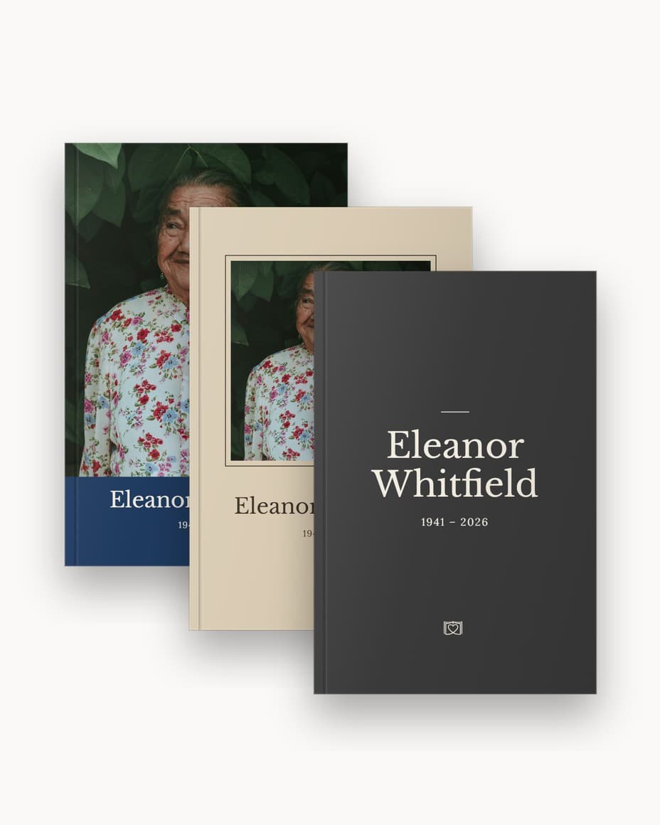Three covers side by side: a photo with a name band, a framed photo, and name only