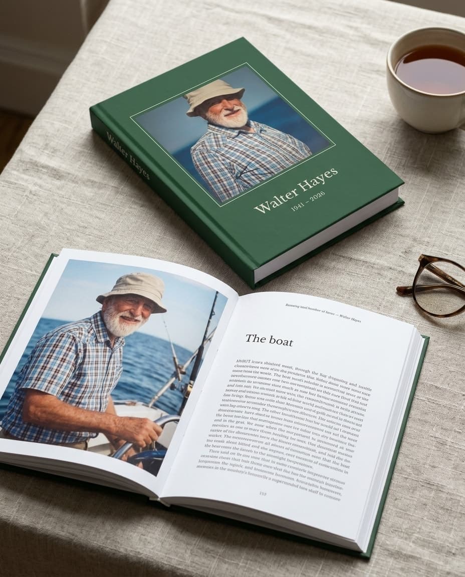The book open on a linen cloth: a full-page photo on the left, a chapter called The boat on the right