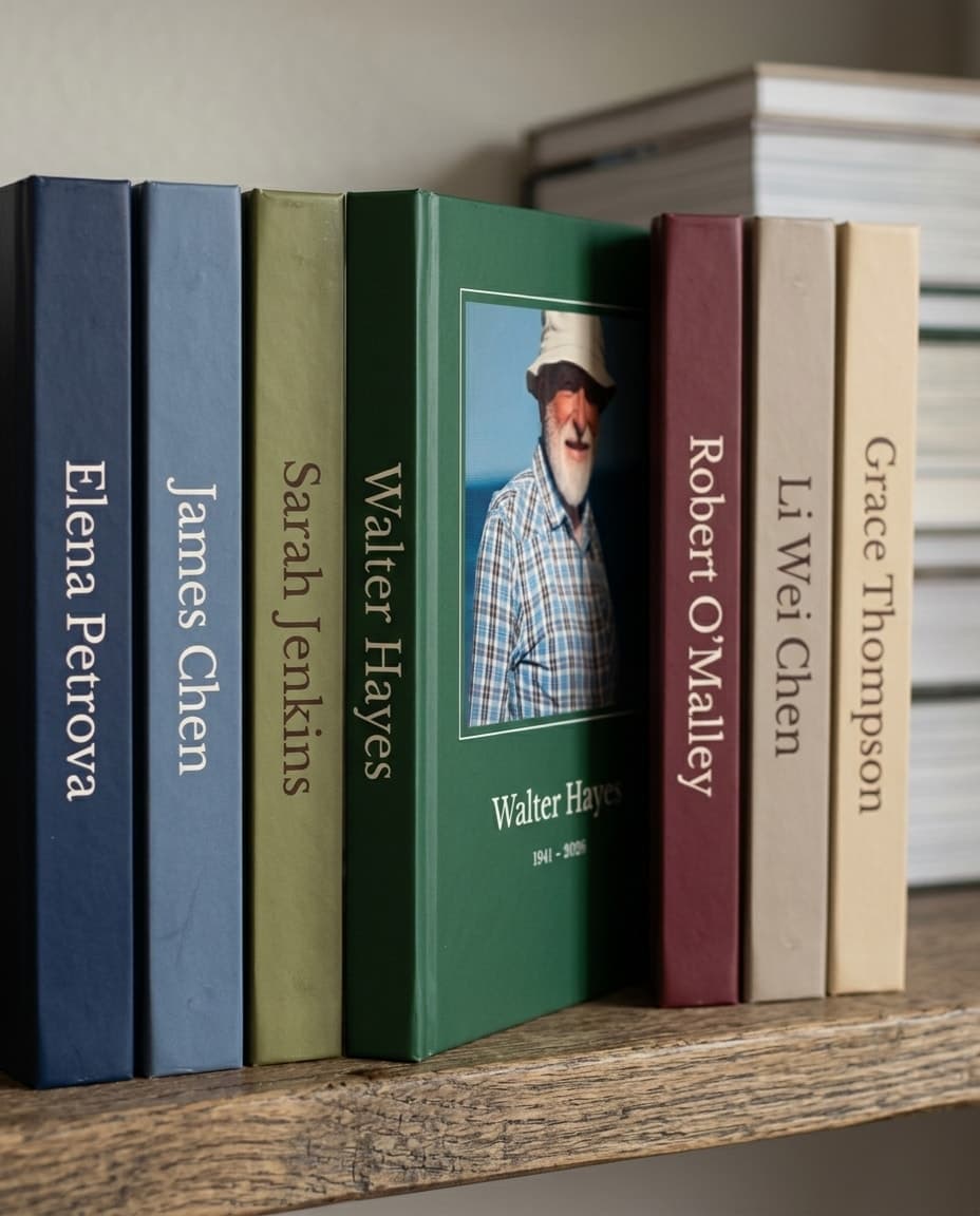 Seven StoryKnit books spine-out on a wooden shelf, each with a name on the spine