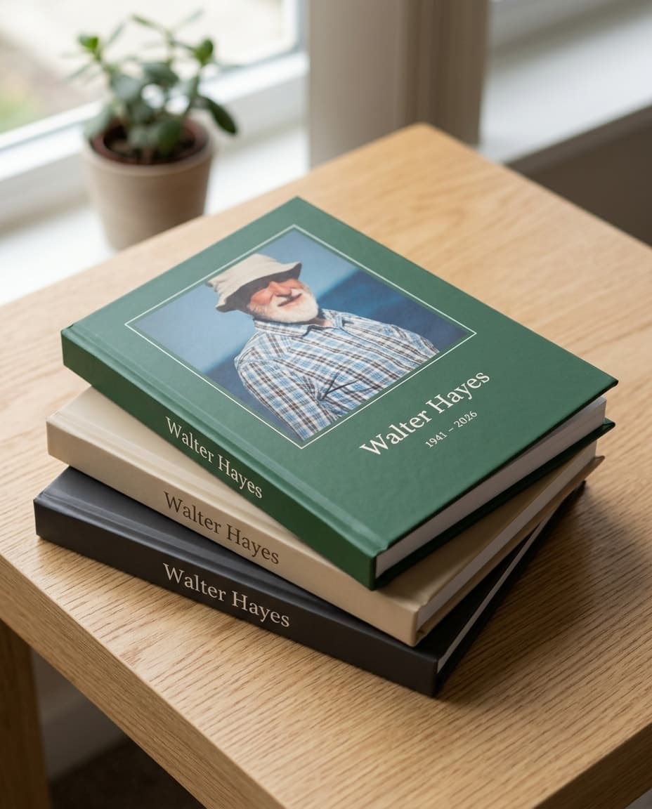 Three copies stacked on an oak side table, in forest, sand and charcoal