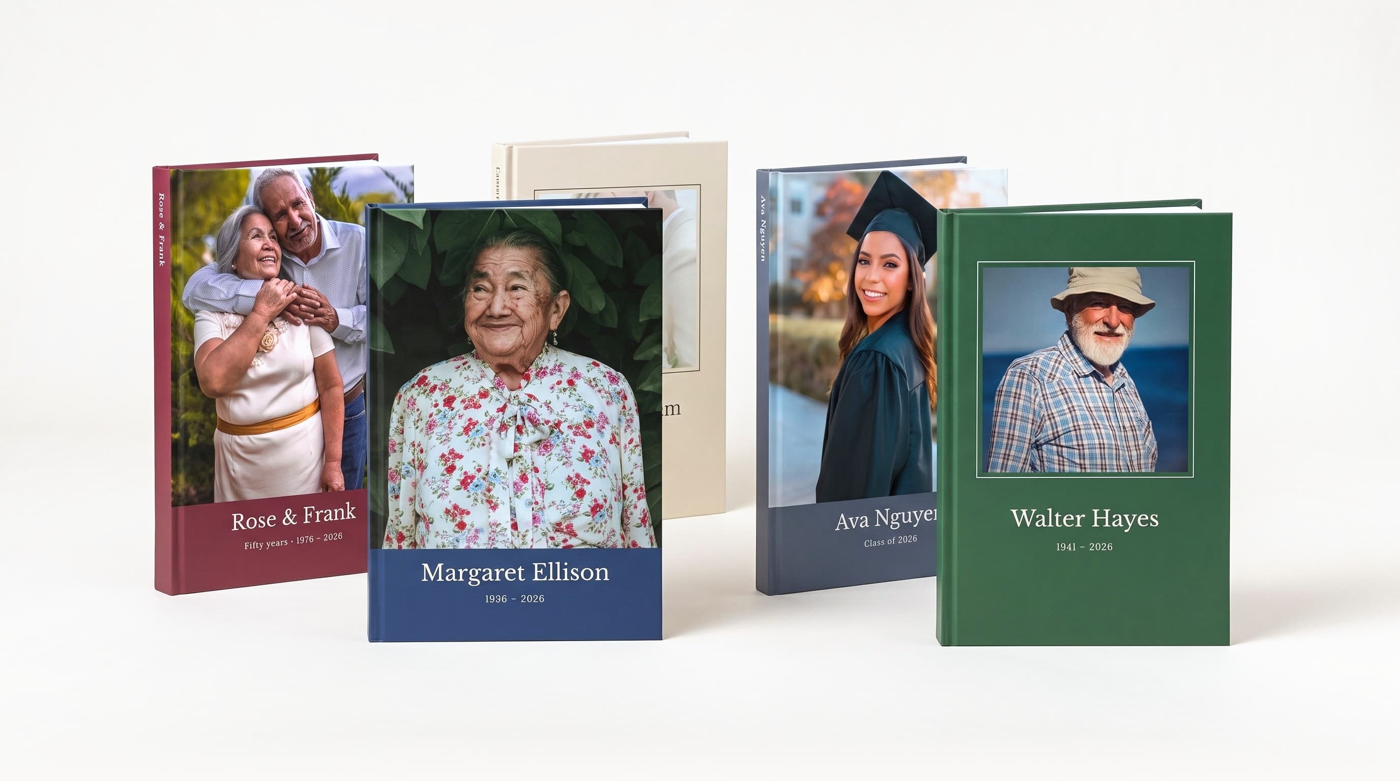 Five StoryKnit hardcovers standing in two rows on a studio sweep: Rose & Frank in burgundy, Margaret Ellison in navy, Emma & Liam in sand, Ava Nguyen in slate blue and Walter Hayes in forest green