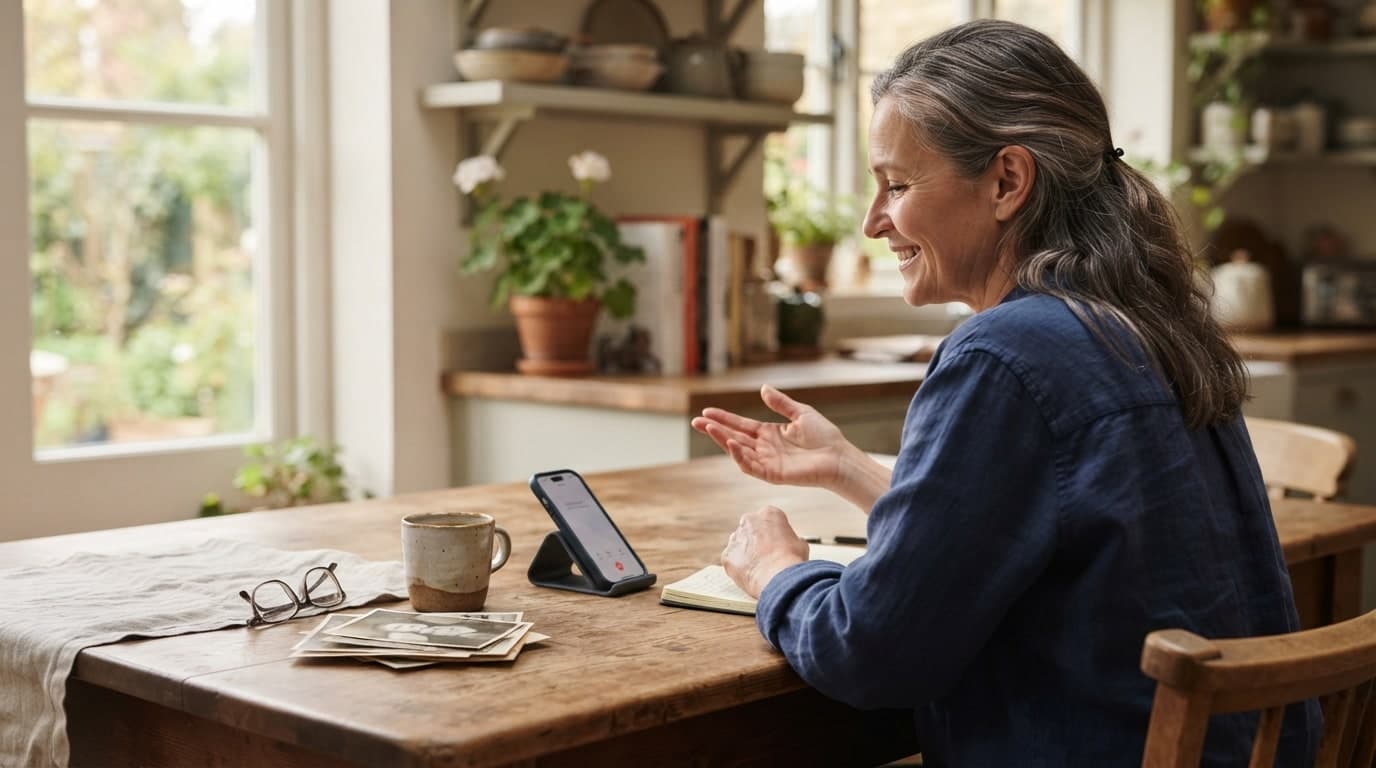 A woman talking to the interviewer on her phone at her kitchen table, old photographs spread out beside her