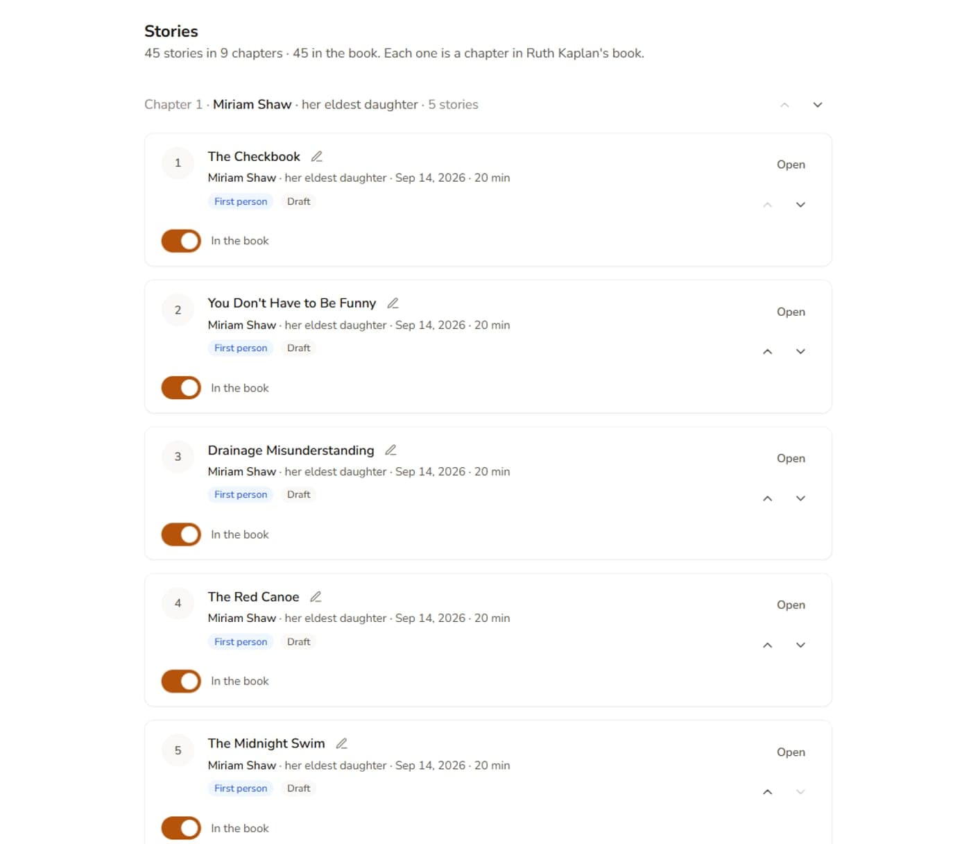 The StoryKnit Stories page: chapters grouped by person, each with its titled stories, move buttons, and an In the book switch