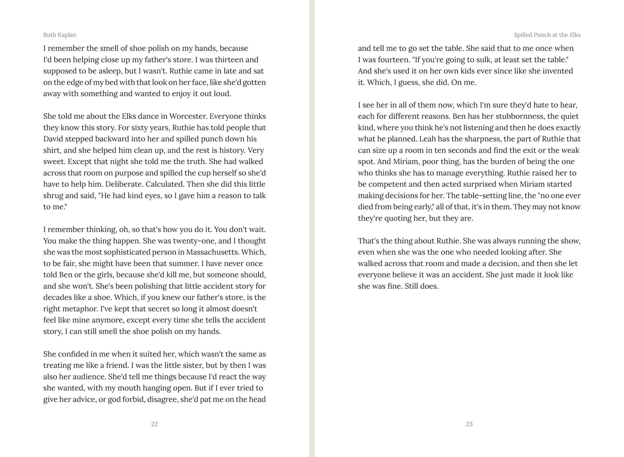 A two-page spread of story text in a serif typeface, with running heads and page numbers
