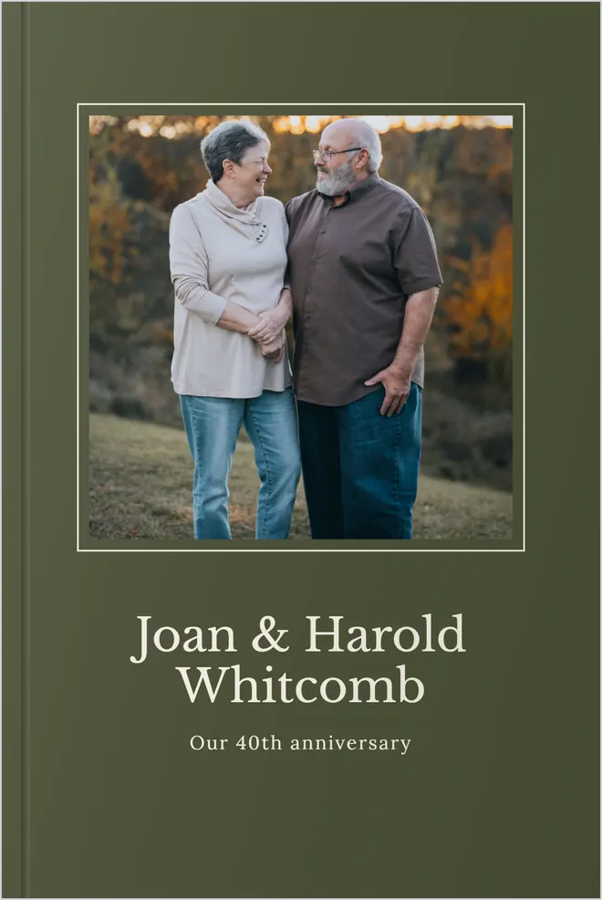 A StoryKnit hardcover for Joan and Harold Whitcomb in olive green, for their 40th anniversary