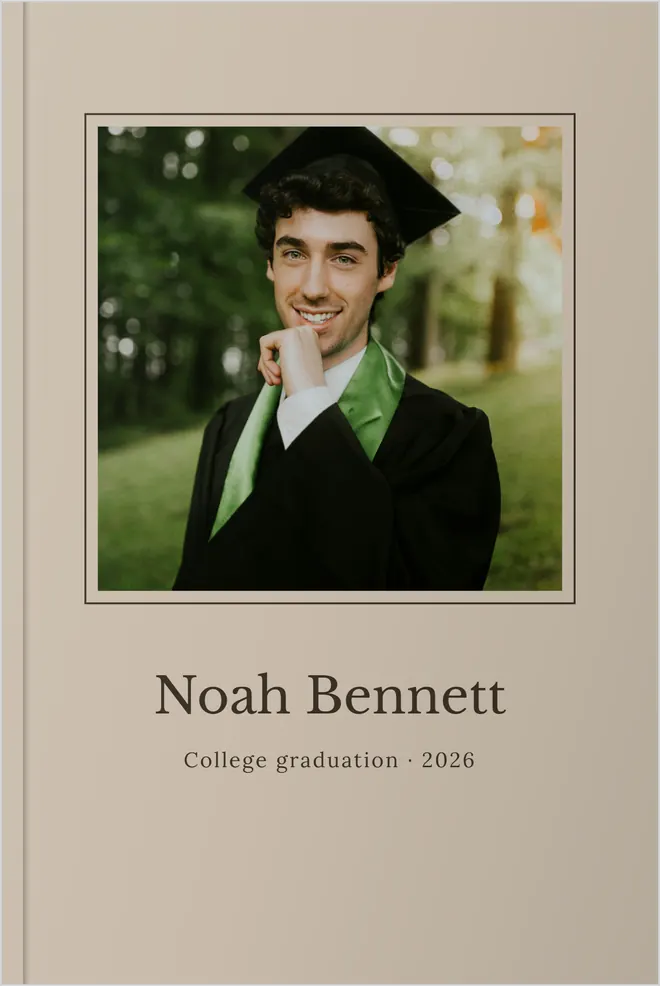 A StoryKnit hardcover for Noah Bennett in stone, for his graduation