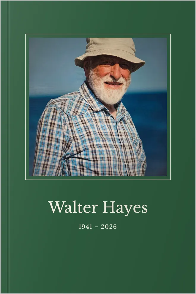A StoryKnit hardcover for Walter Hayes in forest green, with a framed photo on the cover