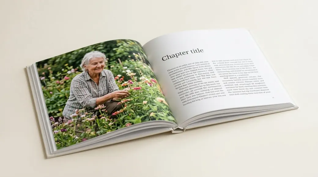 A StoryKnit hardcover lying open: a full-page photograph of a woman in her garden facing the first page of her chapter